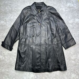 Vintage LNR Genuine Leather Trench Coat Black Button Front Women’s Size L